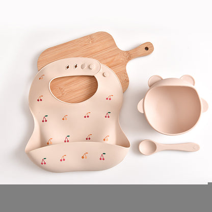 Cherry Pattern Beige Soft and Safe Silicone Baby Feeding Set – Bib, Bowl, and Spoon Combo for Mess-Free Meals