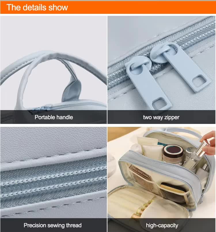 Off White Premium PU Leather Portable Makeup Bag - Large Capacity Waterproof Travel Cosmetic Organizer(Cosmetics are shooting props, not included)