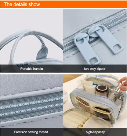 Off White Premium PU Leather Portable Makeup Bag - Large Capacity Waterproof Travel Cosmetic Organizer(Cosmetics are shooting props, not included)