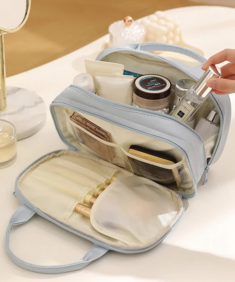 Off White Premium PU Leather Portable Makeup Bag - Large Capacity Waterproof Travel Cosmetic Organizer(Cosmetics are shooting props, not included)