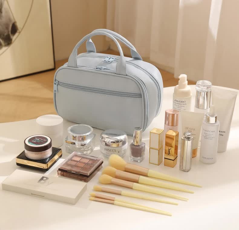 Off White Premium PU Leather Portable Makeup Bag - Large Capacity Waterproof Travel Cosmetic Organizer(Cosmetics are shooting props, not included)