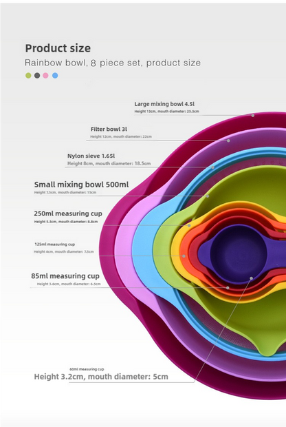 Light Pink 8-Piece Baking Tool Set - Measuring Cups, Spoons, Rainbow Mixing Bowls, Vegetable Washing Basket, and Flour Sifter