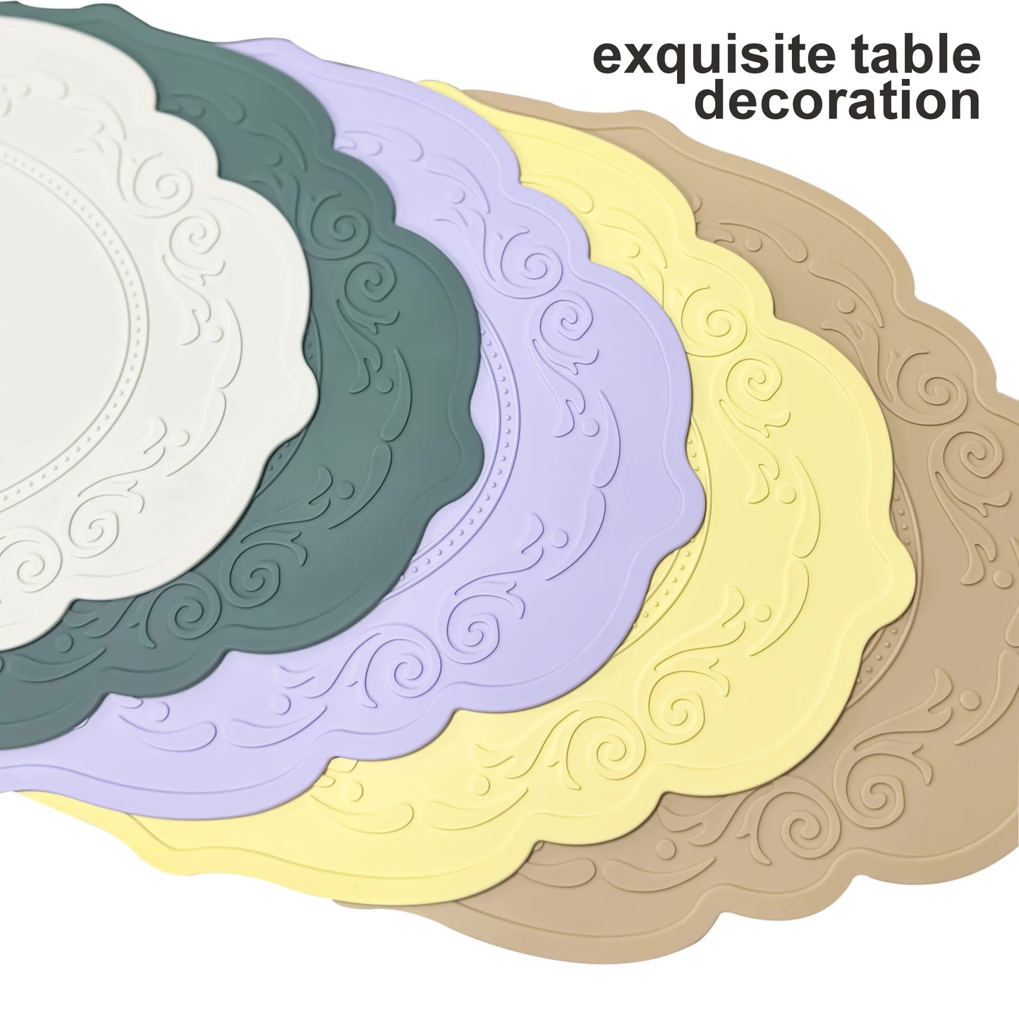 2 Pcs Grey Oval Embossed Floral Edged Silicone Placemats, Non-Slip, Heat-Resistant, Easy-to-Clean Dining Table Mats, Korean and European Style