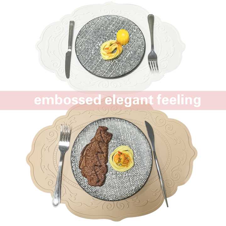 2 Pcs Grey Oval Embossed Floral Edged Silicone Placemats, Non-Slip, Heat-Resistant, Easy-to-Clean Dining Table Mats, Korean and European Style