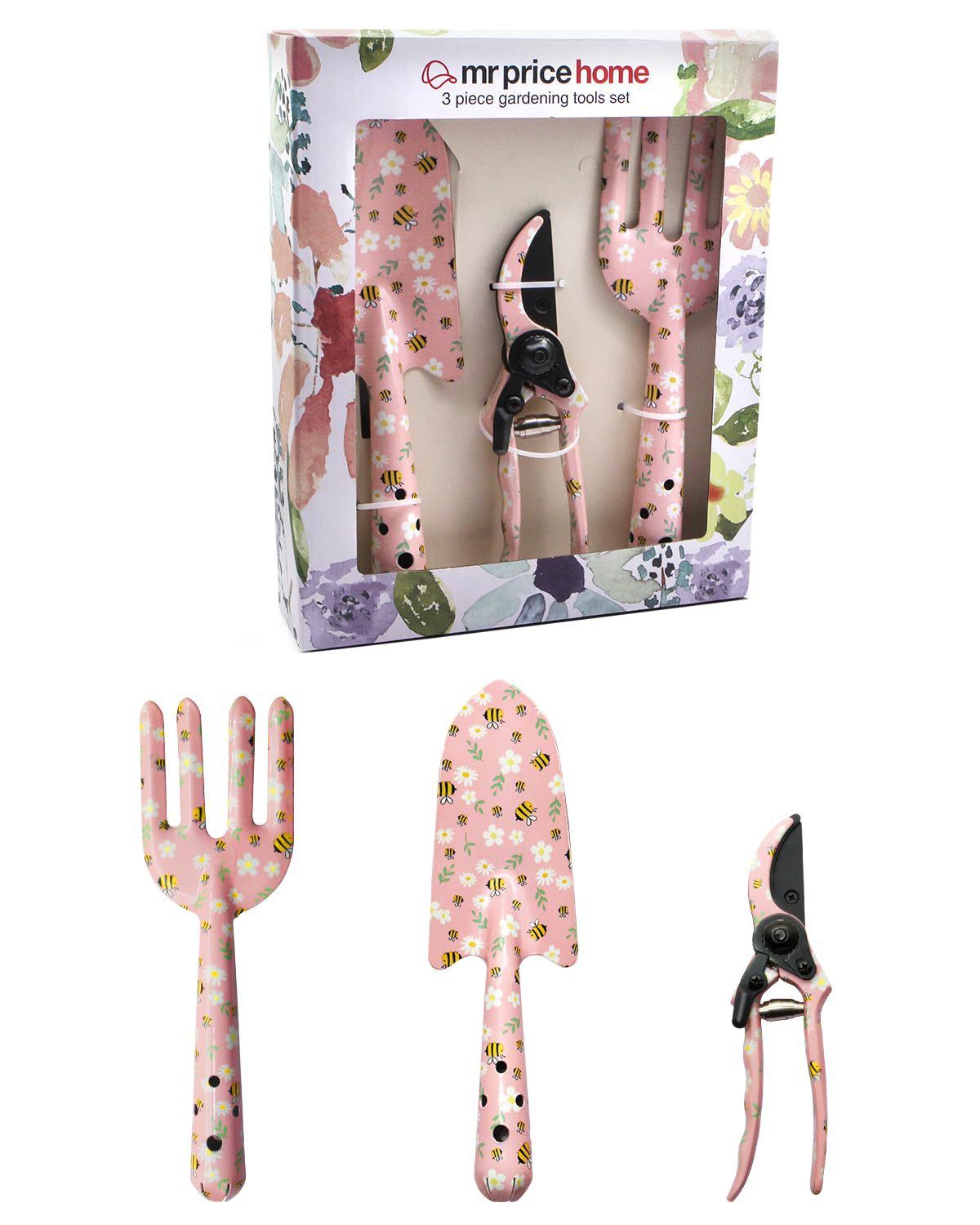 Pink 3-Piece Floral Print Garden Tool Set – Carbon Steel Pruner, Cultivator & Trowel for Gardening