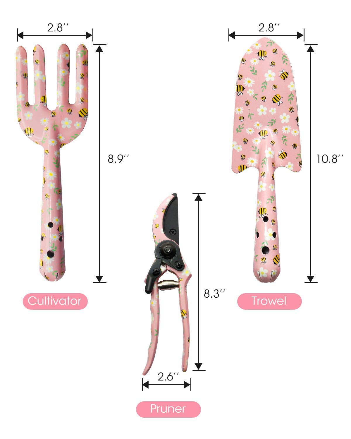 Pink 3-Piece Floral Print Garden Tool Set – Carbon Steel Pruner, Cultivator & Trowel for Gardening