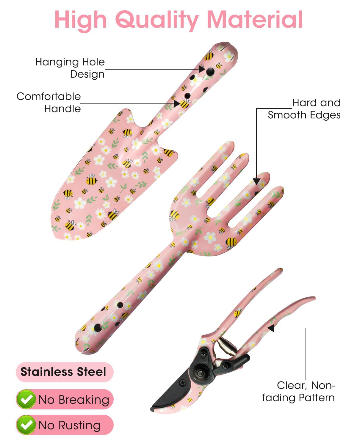 Pink 3-Piece Floral Print Garden Tool Set – Carbon Steel Pruner, Cultivator & Trowel for Gardening