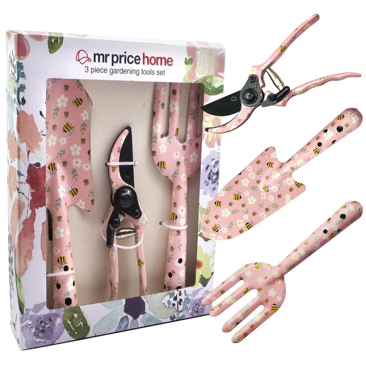 Pink 3-Piece Floral Print Garden Tool Set – Carbon Steel Pruner, Cultivator & Trowel for Gardening