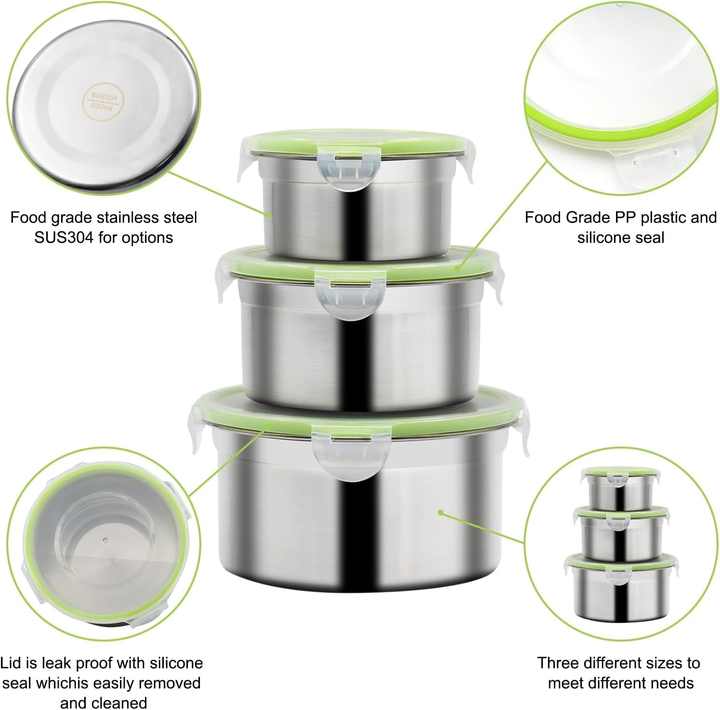 Brown 3-Piece 304 Stainless Steel Food Storage Set with Leak-Proof Lids – Round Design for Fridge and Meal Prep