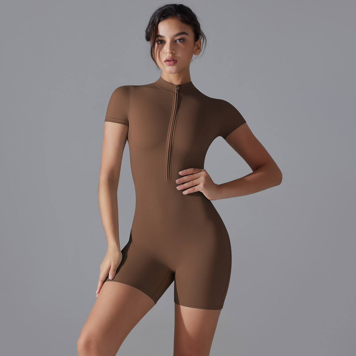 Brown Size L Women's Summer Zip-Up Bodysuit - Short Sleeve, High Stretch Yoga & Dance Outfit, Breathable Fitness Wear