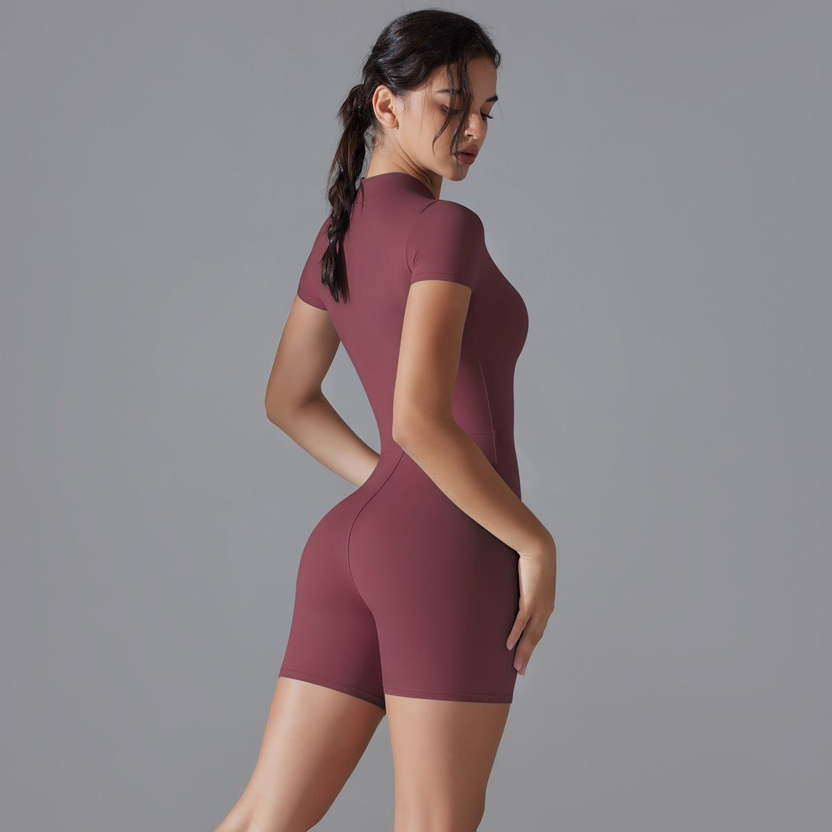 Dark Red Size S Women's Summer Zip-Up Bodysuit - Short Sleeve, High Stretch Yoga & Dance Outfit, Breathable Fitness Wear