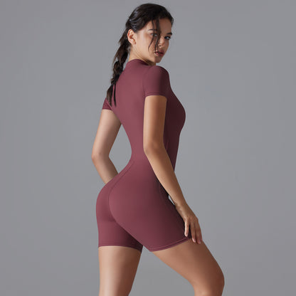 Dark Red Size S Women's Summer Zip-Up Bodysuit - Short Sleeve, High Stretch Yoga & Dance Outfit, Breathable Fitness Wear