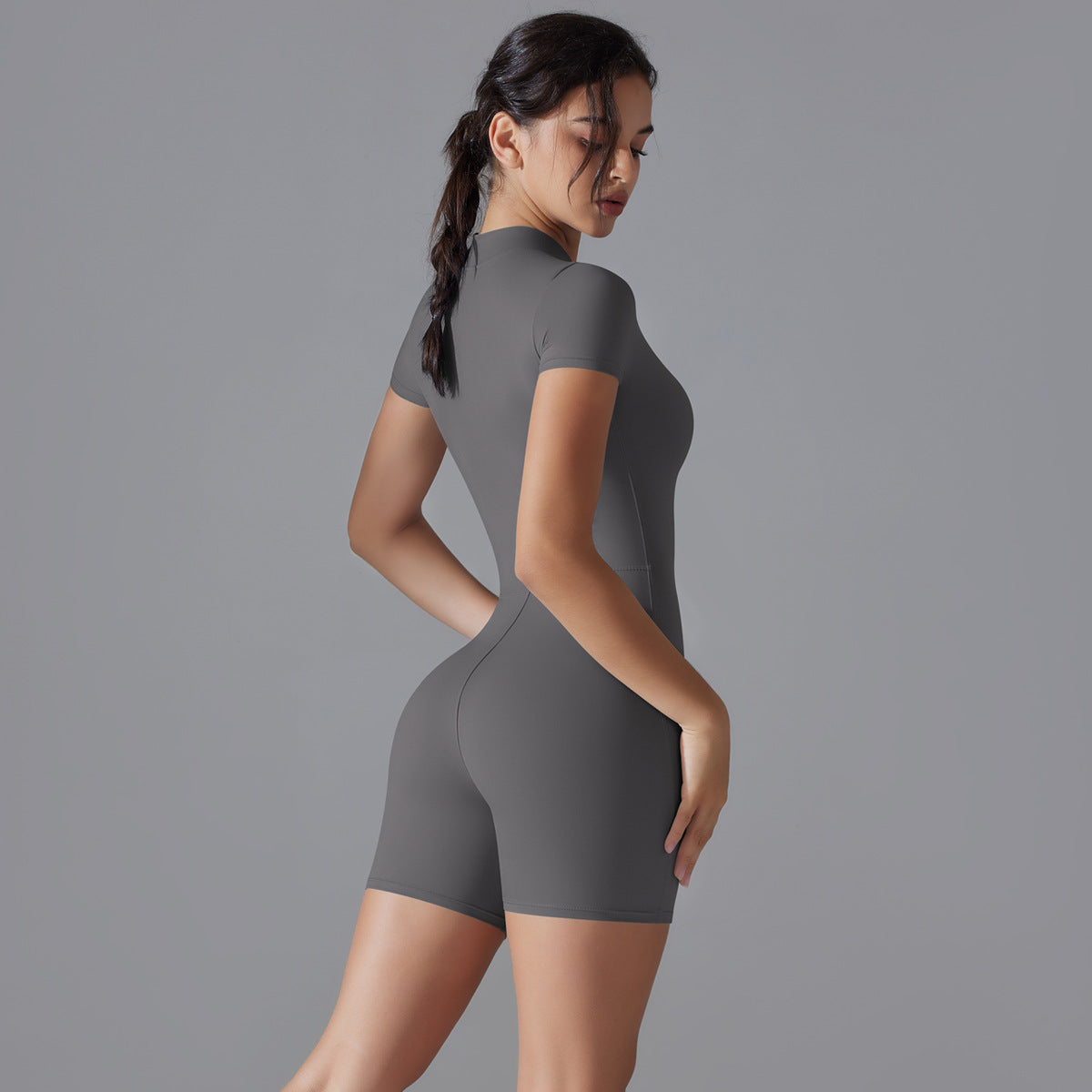 Dark Grey Size S Women's Summer Zip-Up Bodysuit - Short Sleeve, High Stretch Yoga & Dance Outfit, Breathable Fitness Wear