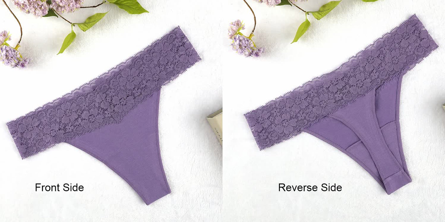 Size L Lace-Trimmed Thong Underwear - 4-Pack in Whipster White,Sandstorm,Ecru Olive and Violet