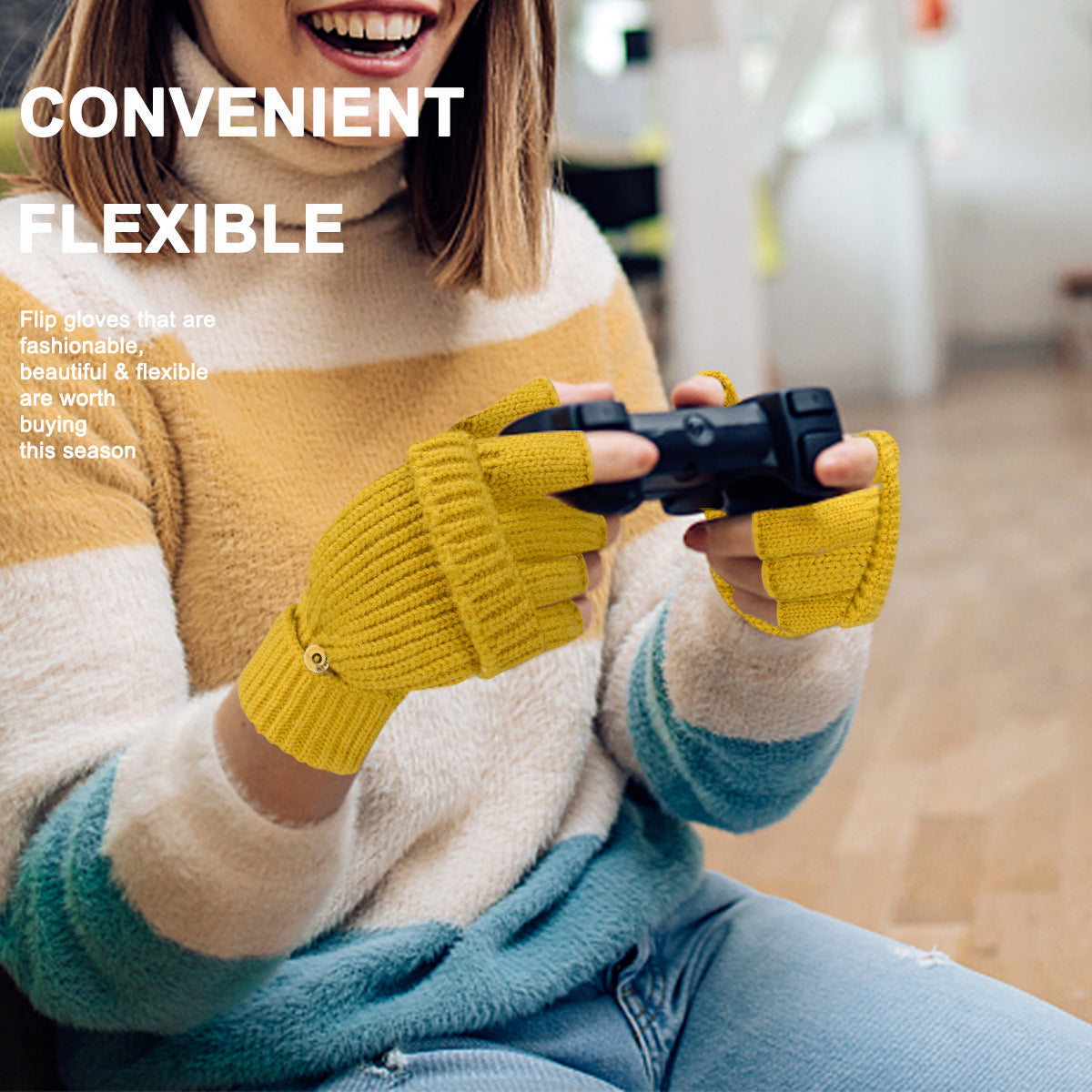 Black Winter Convertible Mittens - Warm Knitted 2-in-1 Fingerless Gloves with Flip Top Cover for Cold Weather