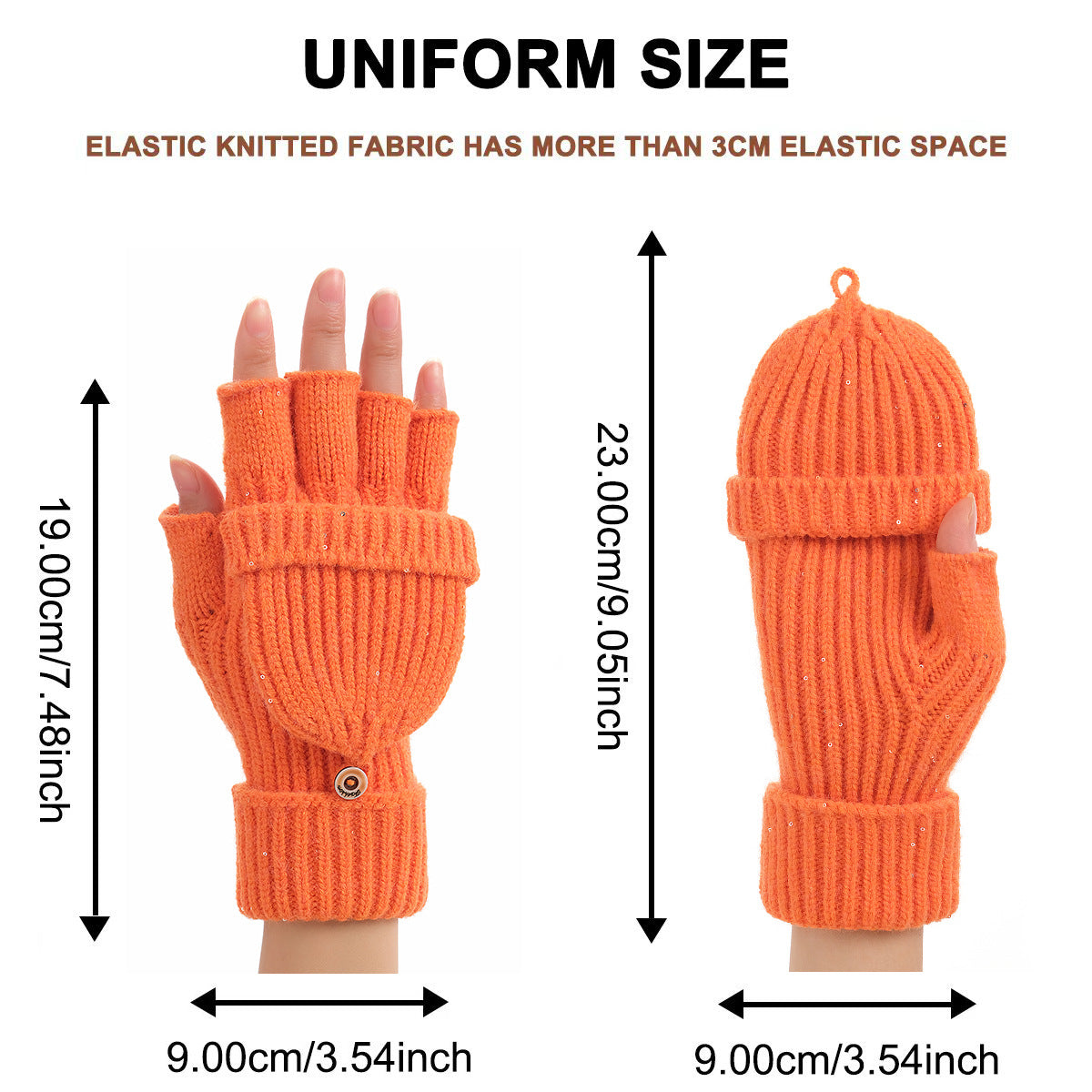 Black Winter Convertible Mittens - Warm Knitted 2-in-1 Fingerless Gloves with Flip Top Cover for Cold Weather