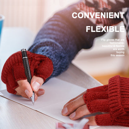 Black Winter Convertible Mittens - Warm Knitted 2-in-1 Fingerless Gloves with Flip Top Cover for Cold Weather