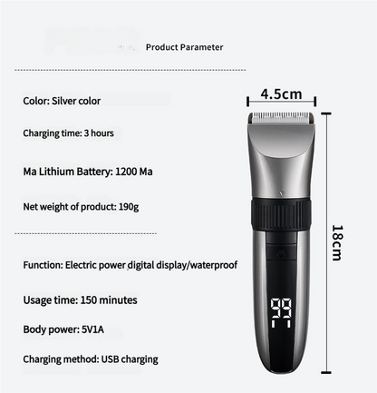 Cordless Electric Hair Clipper with LED Display - 8 Blue Adjustable Lengths
