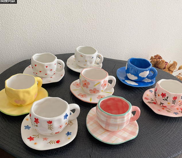 Blue Sky and White Clouds 300ML Underglaze Hand-Pinched Cup and Saucer Set - Ceramic Coffee Mug Milk Cup Breakfast Set