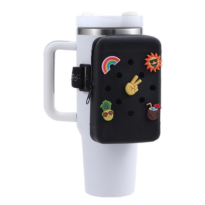 2 PCS Black Customizable Tumbler Pouch - Silicone Water Bottle Accessory Bag with Charm Holes - Phone & Essentials Holder