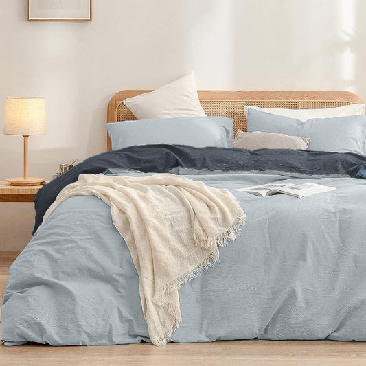 Blue Style 1.8m (Duvet Cover 180*220cm) Luxurious Soft Brushed Microfiber 4-Piece Bedding Set - Pure Color Double Bed Duvet Cover with Fitted Sheet