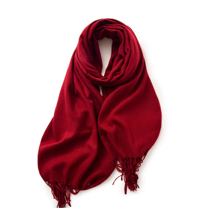 Wine Red 2 PCS Faux Cashmere Solid Color Scarf Shawl with Tassels - Warm Korean Style Wrap (180cm x 70cm)