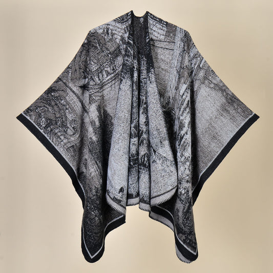 Jiangnan Water Town Elegant Autumn Winter Shawl - Artistic Split-Design Knit Cloak with Oil Painting Style