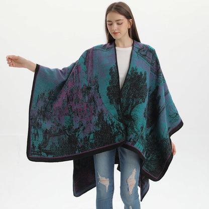 Jiangnan Water Town Elegant Autumn Winter Shawl - Artistic Split-Design Knit Cloak with Oil Painting Style