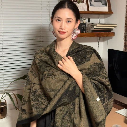 Jiangnan Waterfront-Green Camel Elegant Autumn Winter Shawl - Artistic Split-Design Knit Cloak with Oil Painting Style