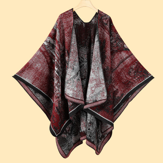 Jiangnan Waterfront - Black Red Elegant Autumn Winter Shawl - Artistic Split-Design Knit Cloak with Oil Painting Style