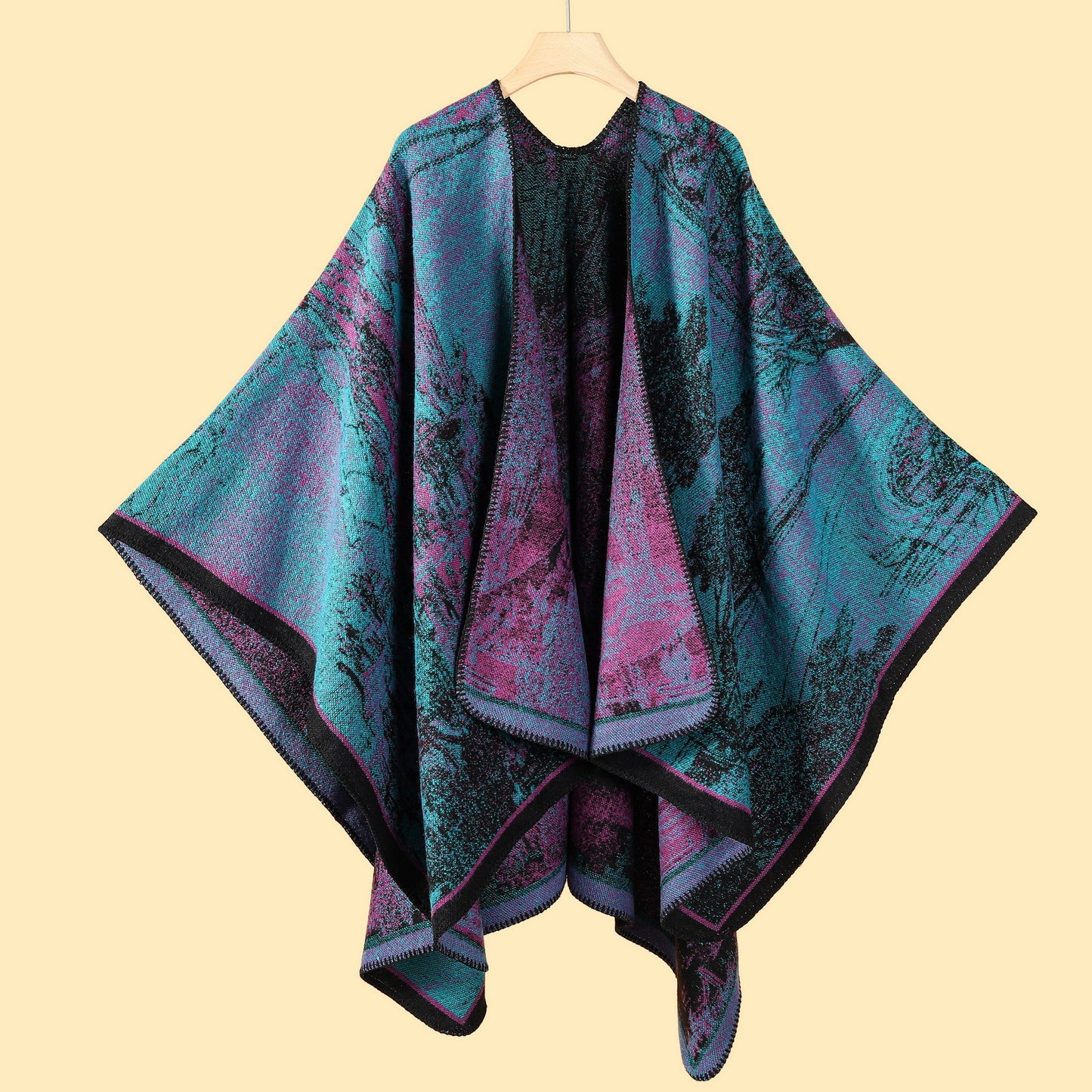 Jiangnan Waterfront - Purplish Blue Elegant Autumn Winter Shawl - Artistic Split-Design Knit Cloak with Oil Painting Style