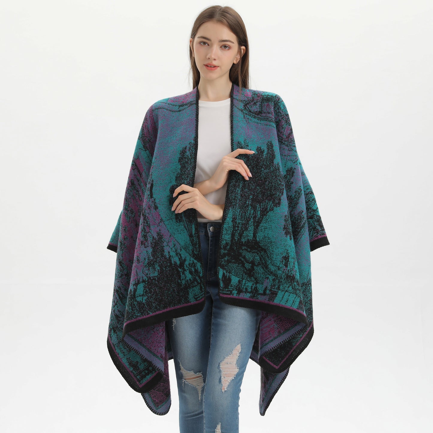 Jiangnan Waterfront - Purplish Blue Elegant Autumn Winter Shawl - Artistic Split-Design Knit Cloak with Oil Painting Style