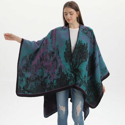 Jiangnan Waterfront - Purplish Blue Elegant Autumn Winter Shawl - Artistic Split-Design Knit Cloak with Oil Painting Style