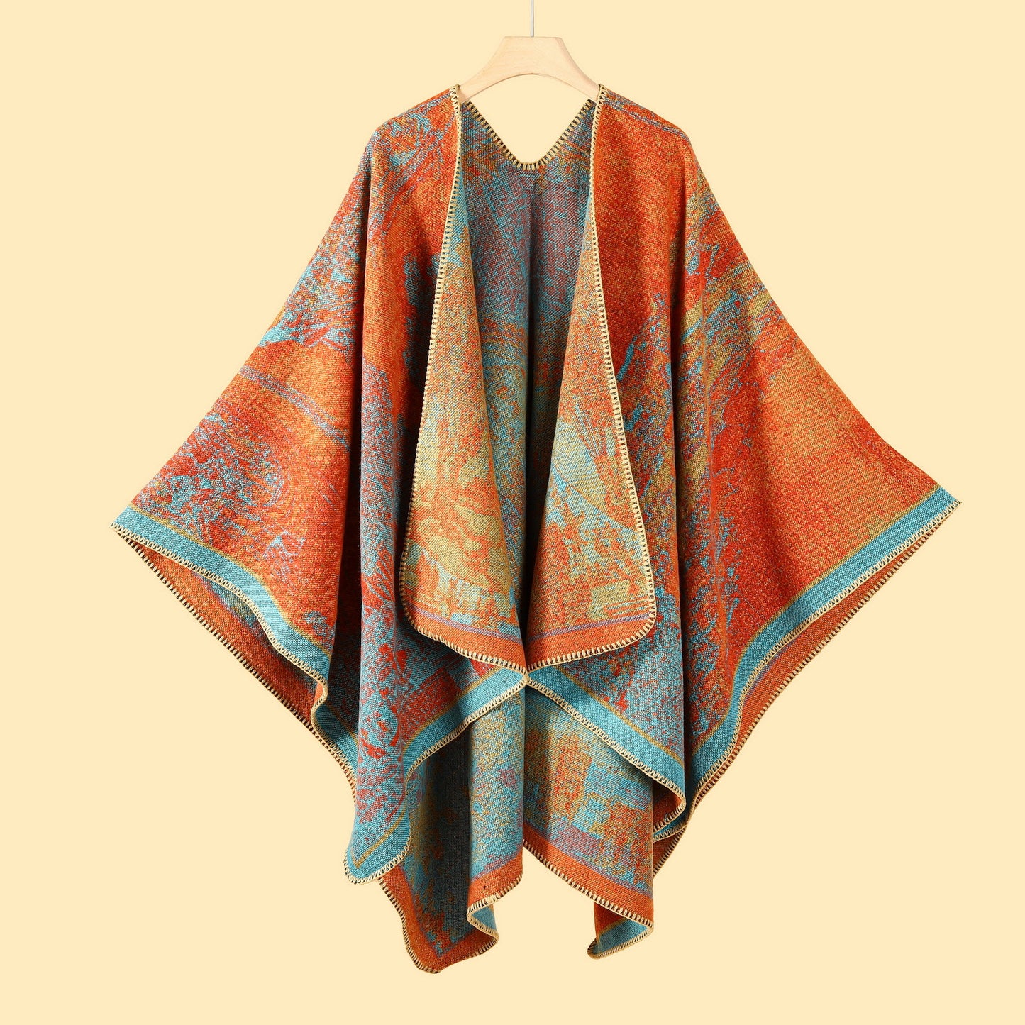 Jiangnan Waterfront - Orange Blue Elegant Autumn Winter Shawl - Artistic Split-Design Knit Cloak with Oil Painting Style