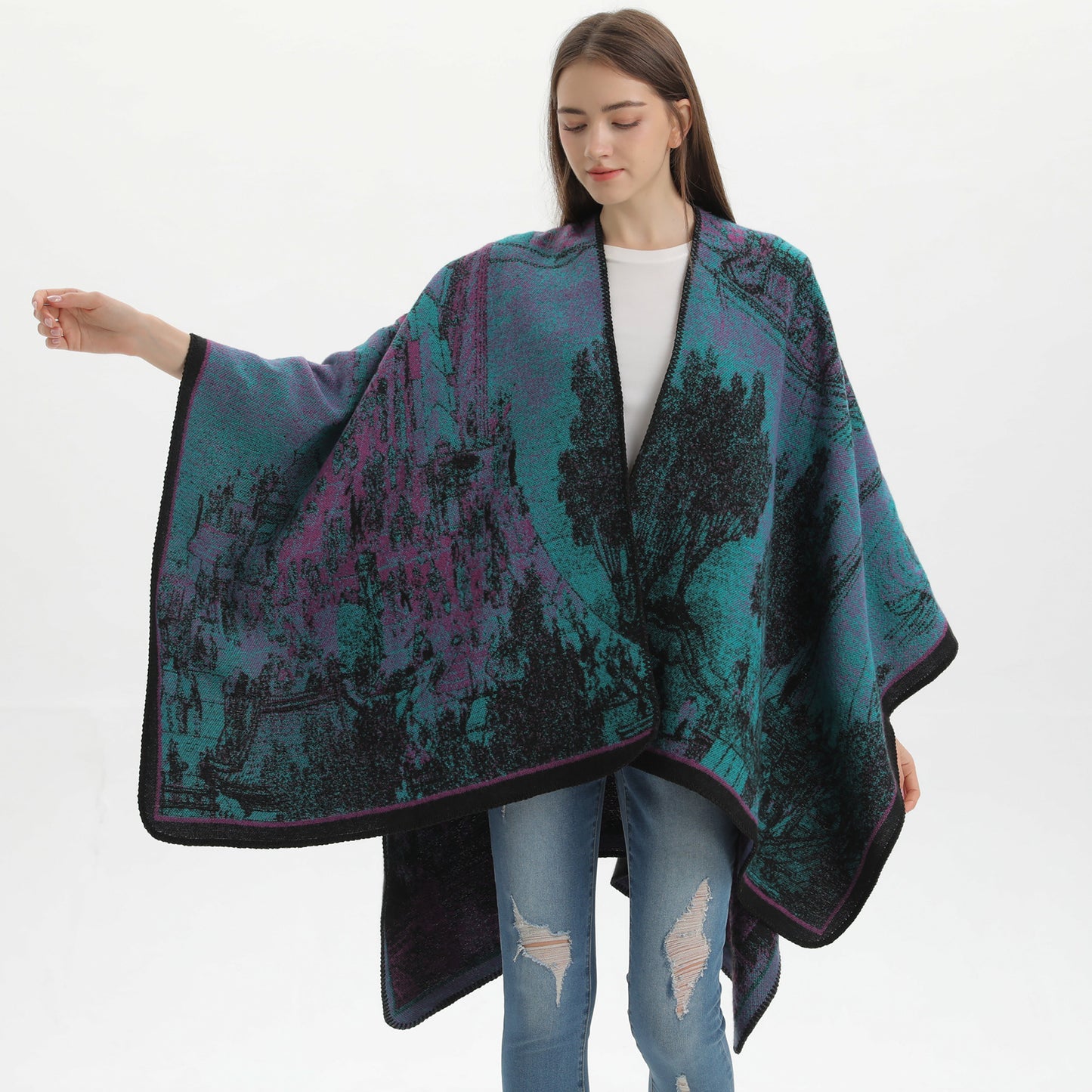 Jiangnan Waterfront - Orange Blue Elegant Autumn Winter Shawl - Artistic Split-Design Knit Cloak with Oil Painting Style