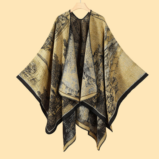 Jiangnan Waterfront - Yellowish Brown Elegant Autumn Winter Shawl - Artistic Split-Design Knit Cloak with Oil Painting Style