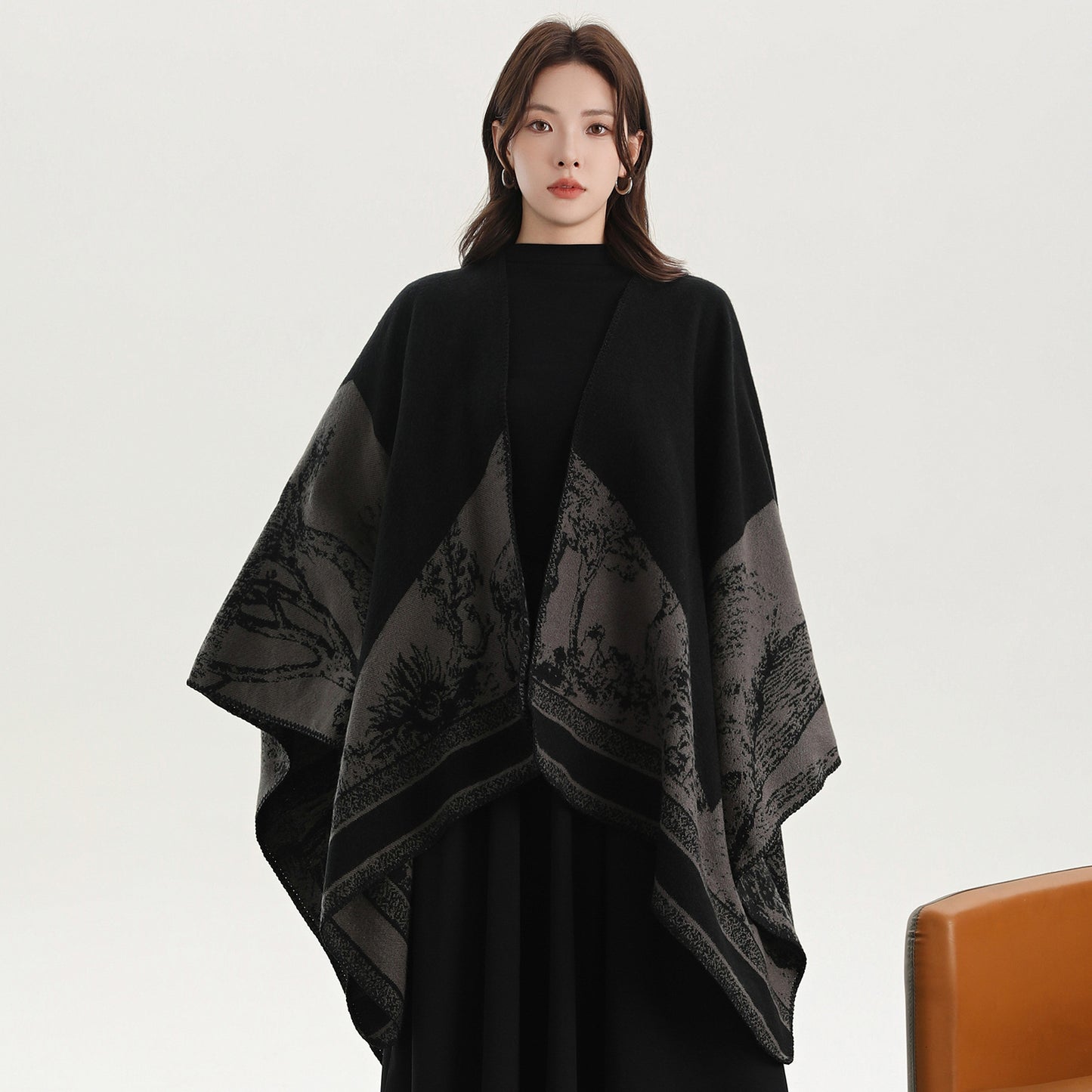 Mountain Fawn Black and Grey Elegant Autumn Winter Shawl - Artistic Split-Design Knit Cloak with Oil Painting Style