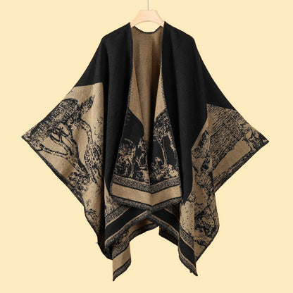 Mountain Fawn Black Camel Elegant Autumn Winter Shawl - Artistic Split-Design Knit Cloak with Oil Painting Style