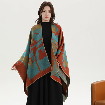 Graffiti Blurs City Orange Elegant Autumn Winter Shawl - Artistic Split-Design Knit Cloak with Oil Painting Style