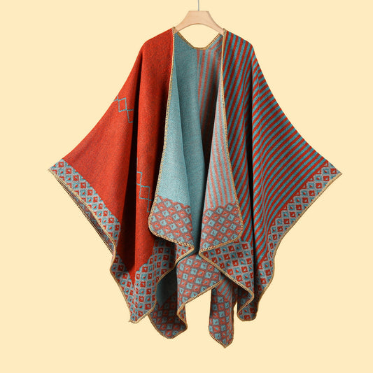 New Stripe Fish Scale Orange Elegant Autumn Winter Shawl - Artistic Split-Design Knit Cloak with Oil Painting Style