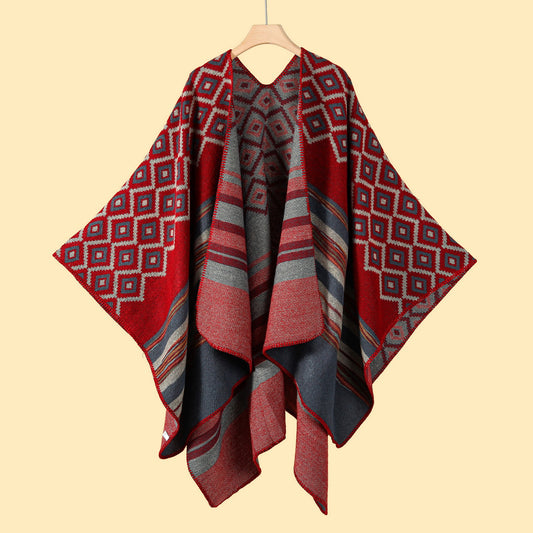 Diamond Colour Stripe Rose Elegant Autumn Winter Shawl - Artistic Split-Design Knit Cloak with Oil Painting Style