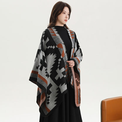 Windy Cross Black and White Elegant Autumn Winter Shawl - Artistic Split-Design Knit Cloak with Oil Painting Style