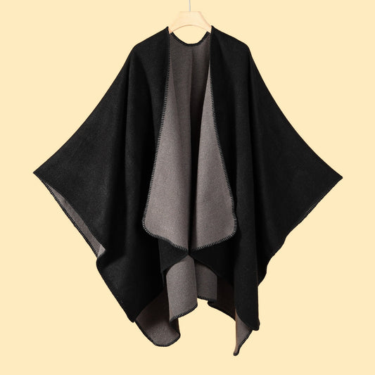 Double-sided Black Elegant Autumn Winter Shawl - Artistic Split-Design Knit Cloak with Oil Painting Style