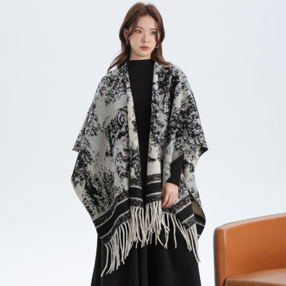 India-ink Painting Elegant Autumn Winter Shawl - Artistic Split-Design Knit Cloak with Oil Painting Style