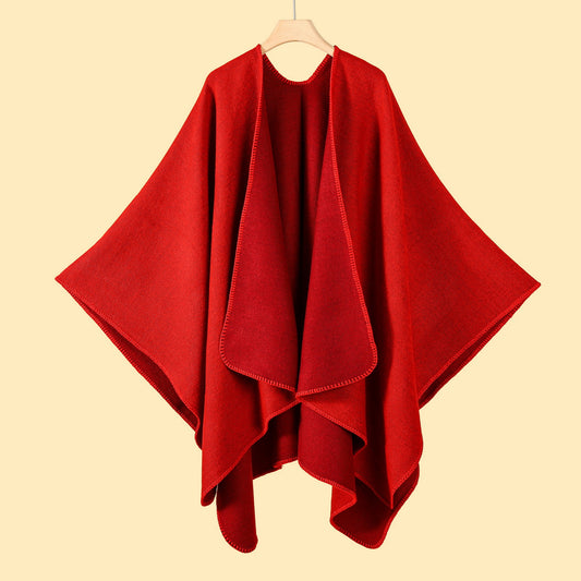 Red Elegant Autumn Winter Shawl - Artistic Split-Design Knit Cloak with Oil Painting Style