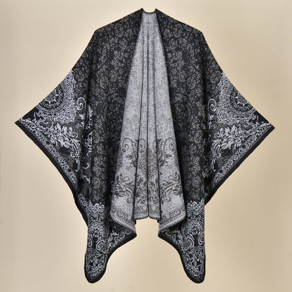 Palace Classical-Black Elegant Autumn Winter Shawl - Artistic Split-Design Knit Cloak with Oil Painting Style