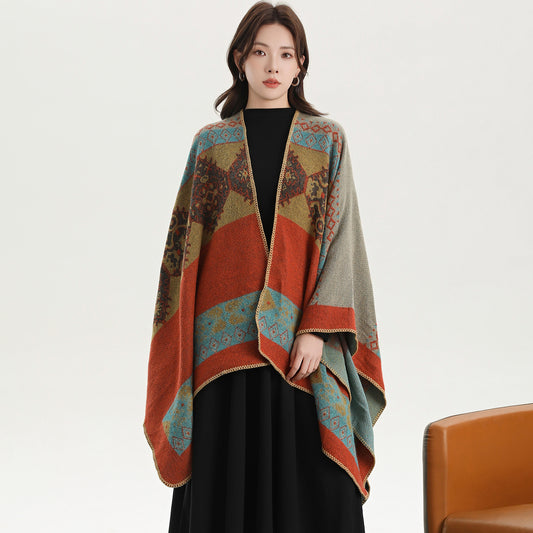 Totem Diamond Orange Elegant Autumn Winter Shawl - Artistic Split-Design Knit Cloak with Oil Painting Style