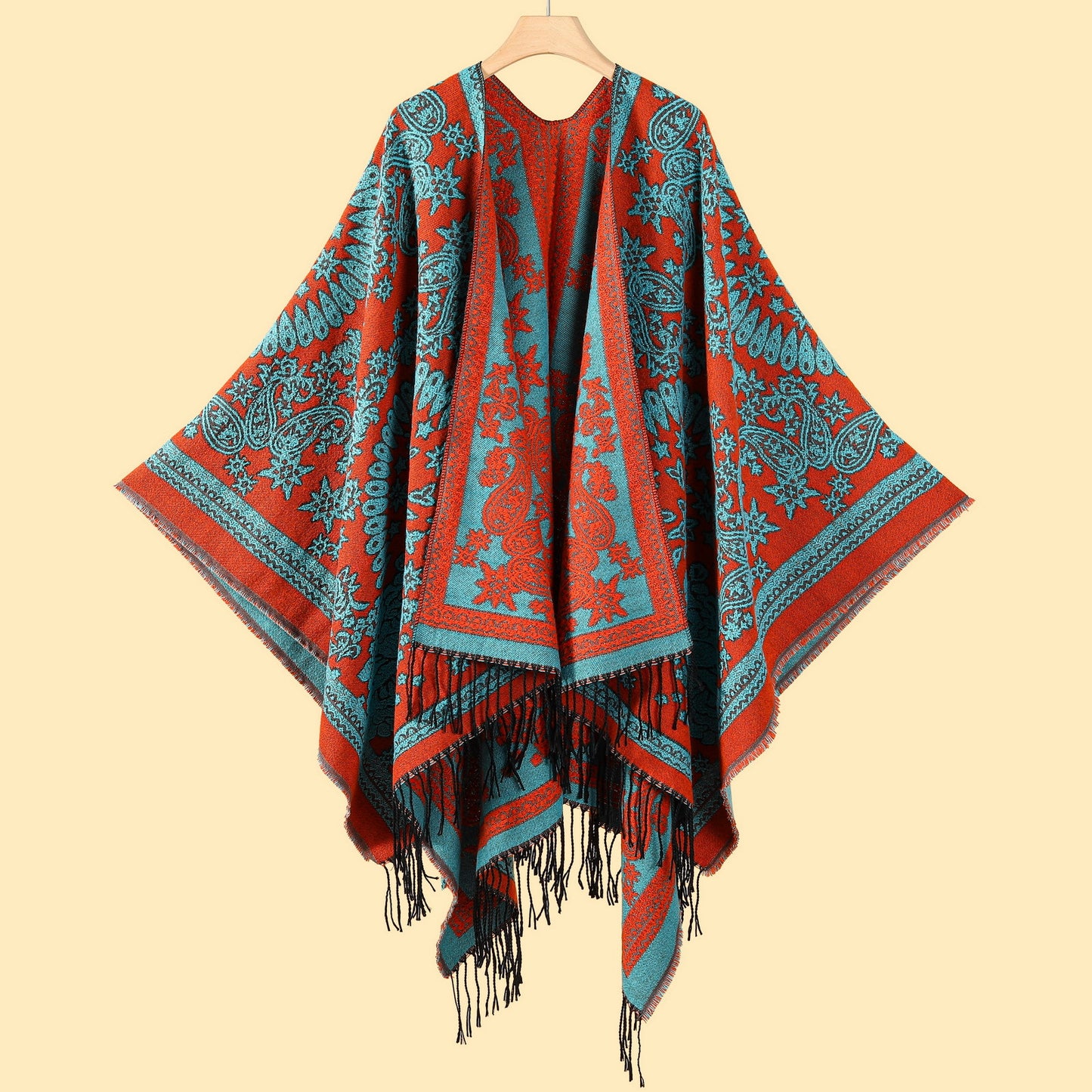 Fringed Cashew Totem Orange Elegant Autumn Winter Shawl - Artistic Split-Design Knit Cloak with Oil Painting Style