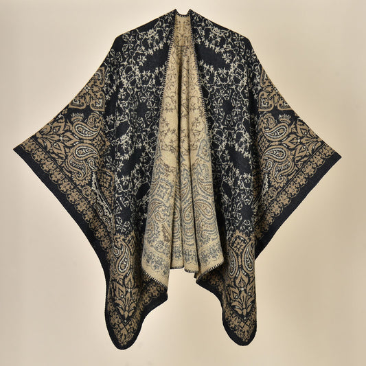 Cashew Crush - Black Camel Elegant Autumn Winter Shawl - Artistic Split-Design Knit Cloak with Oil Painting Style