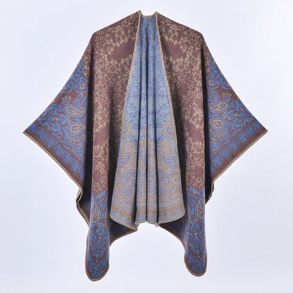 Cashew Crush - Purple Elegant Autumn Winter Shawl - Artistic Split-Design Knit Cloak with Oil Painting Style